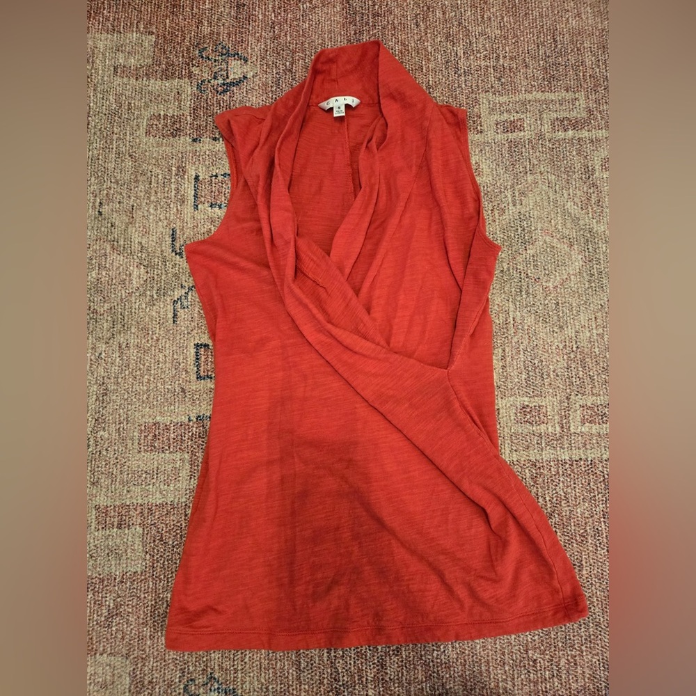 Cabi faux wrap v neck sleeveless red orange cotton top size small